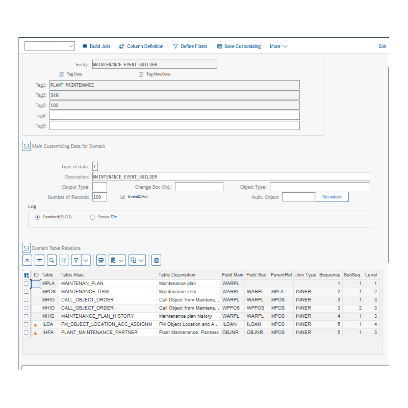 Maintenance Event Builder by Tables
