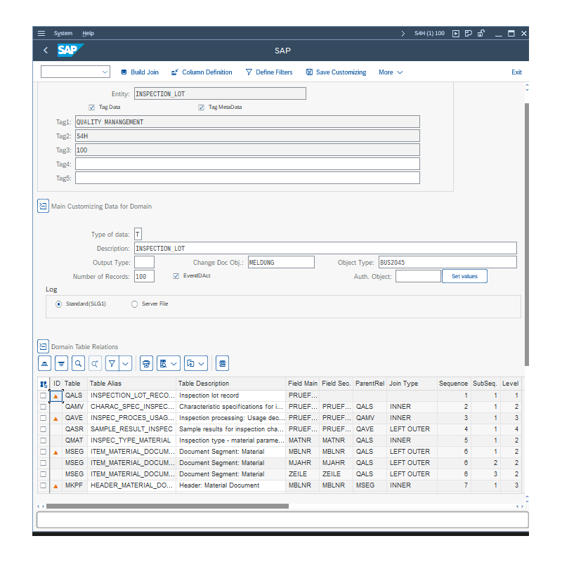 Inspection Lot by Tables